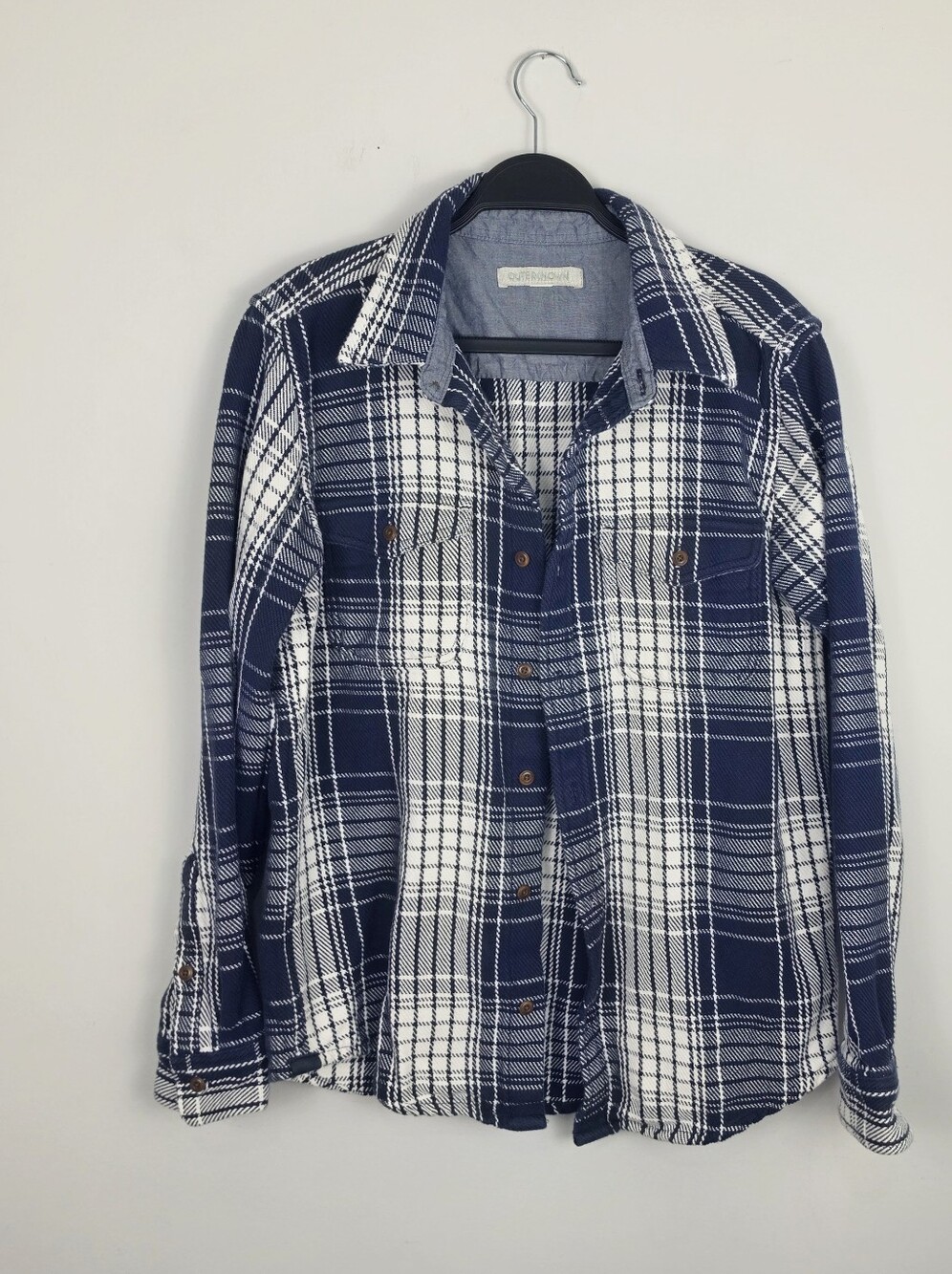 Outerknown Blue and White Plaid Button-Down Shirt Size Large